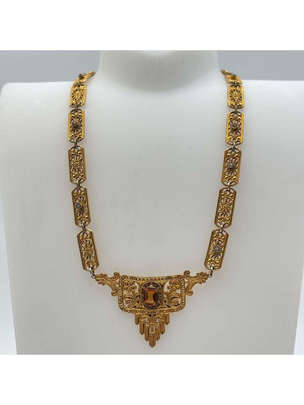 Birks Art Deco Filigree Statement Necklace Amber Crystal - Picture 2 of 7